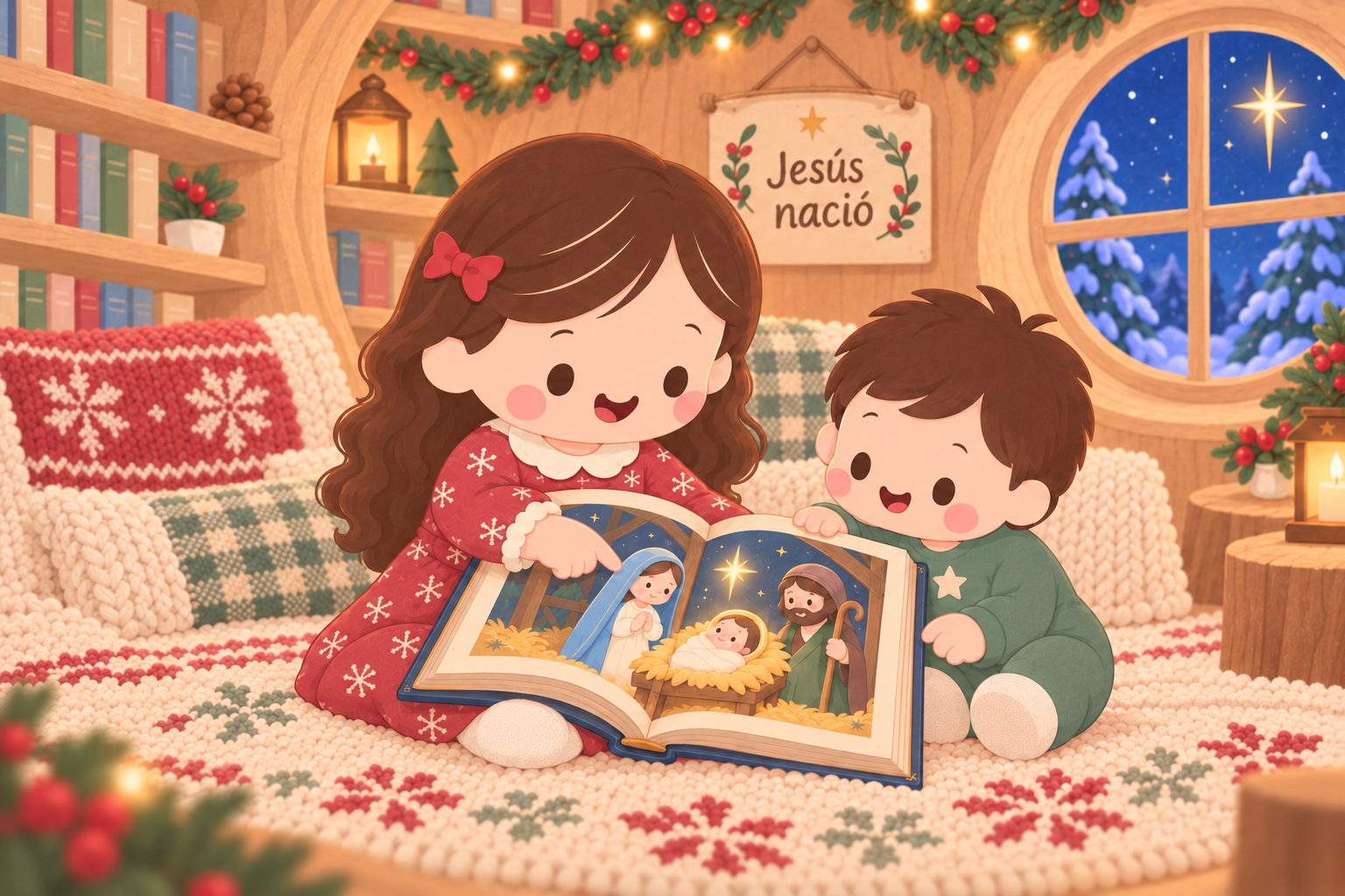 Abi y Ben leyendo la historia del nacimiento de Jesús