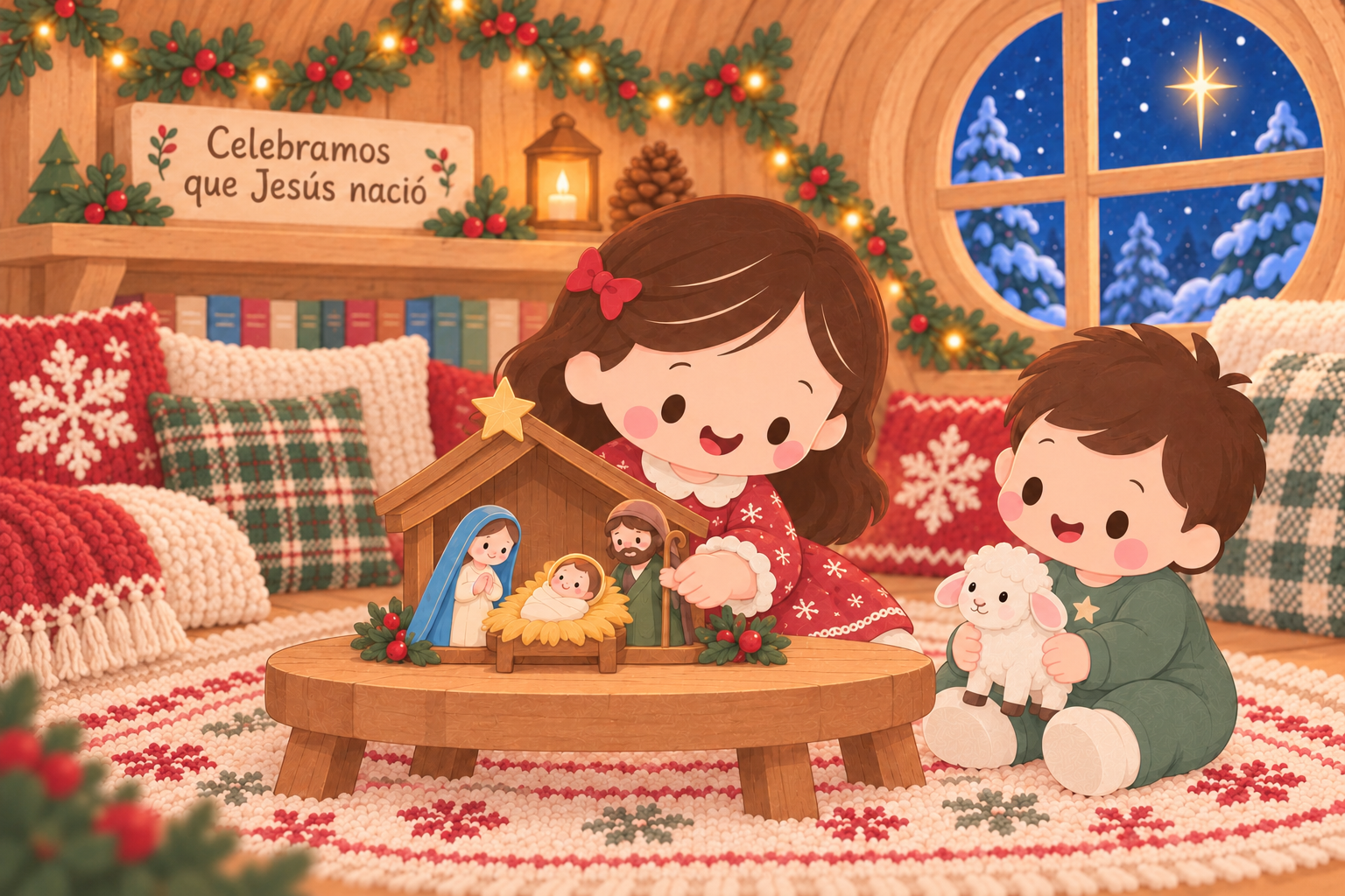 Abi y Ben junto al pesebre